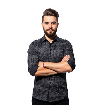 Confident young man with beard standing with arms crossed isolated on transparent background