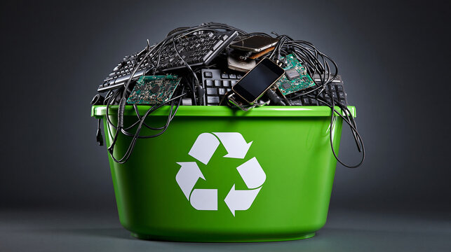 Old electronic components and keyboards piled inside a green plastic recycling bin. E-waste management and environmental sustainability concept.