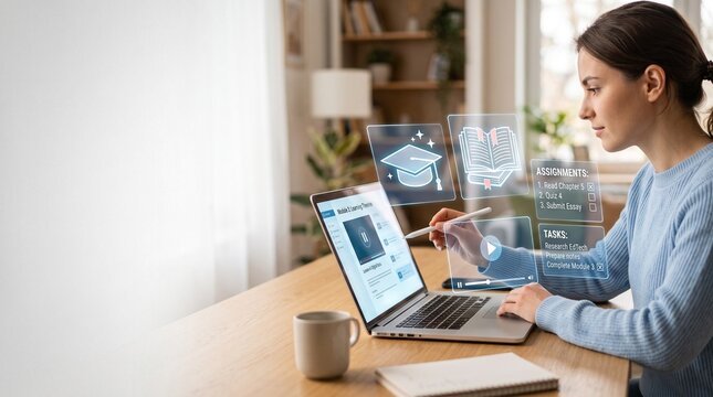 Interactive e-learning platform displayed on a laptop and tablet, featuring digital courses, online training, virtual classrooms, knowledge management, educational technology, and professional skill 