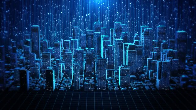 Blue 19 city receives streams falling digital information, strong visual for data transfer, cloud services, algorithms, enterprise computing, network monitoring intelligent urban systems.