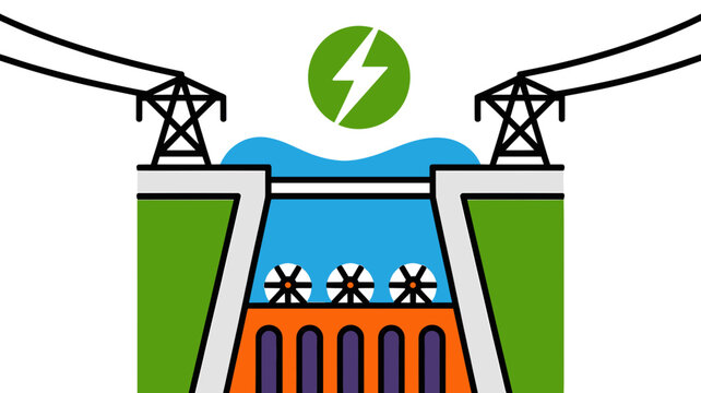 Hydroelectric dam vector illustration, renewable energy power plant with turbines, sustainable hydroelectricity infrastructure for green utility concepts