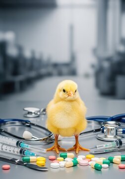 Piccolo pulcino giallo tra strumenti medici e pillole in un ambiente industriale, simbolo del contrasto tra benessere e allevamento intensivo, cura, allevamento, pulcino