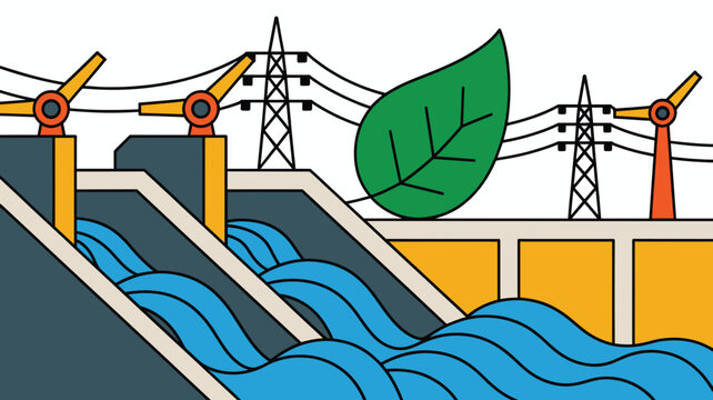 Renewable hydroelectric power plant vector illustration, green energy dam with water flow, sustainable electricity generation concept