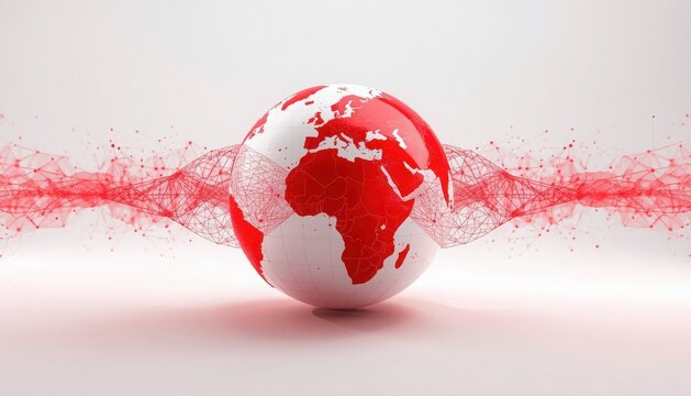 Red and white globe map with exploding particle wave effect on white background continents particles explosion dispersion astronomy geography universe astrophysics celestial planetoid