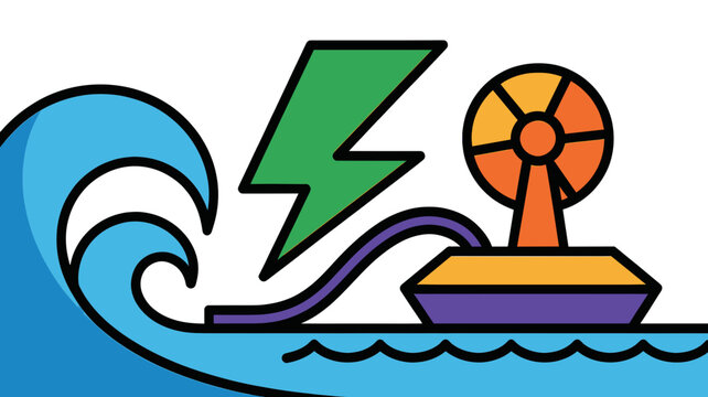 Renewable wave energy turbine vector, ocean power generator with lightning bolt icon, sustainable marine technology illustration