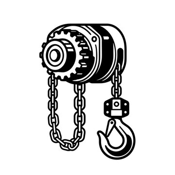 Minimalist Black and White of Chain Hoist with Hook for Industrial Use and Lifting Applications