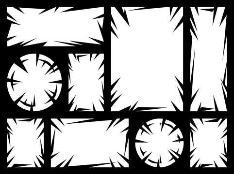 Comic book jagged frame set and manga panels for action graphics and superhero design.