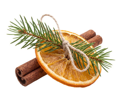 Cinnamon Sticks and Dried Orange Slice with Pine Sprig PNG