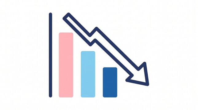 Bar chart icon depicts a downward trend with blue and pink bars decreasing in height, accompanied by a diagonal arrow pointing downwards to symbolize decline.