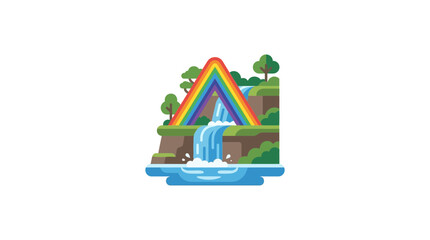 Fototapeta premium Vibrant illustration of a majestic waterfall flowing under a colorful rainbow arch.