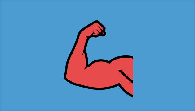 Strong muscular arm flexing bicep is depicted in a bold comic book style vector illustration on a bright blue background.