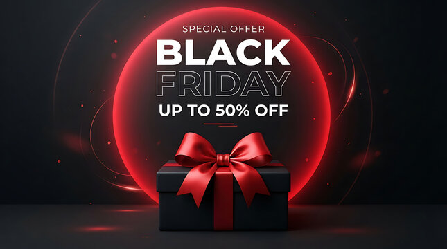 Black Friday sale banner with red glowing neon circle and gift box with ribbon