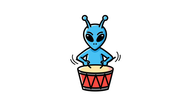Blue alien playing red drum set with drumsticks