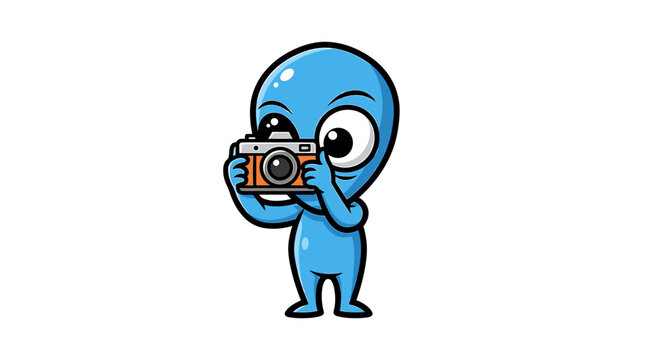 Blue cartoon alien taking a photo.