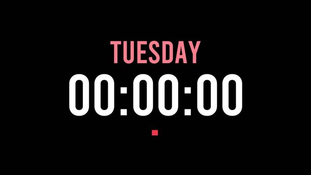 Tuesday is about to happen soon. Upcoming tuesday, approaching in the near future. Tuesday almost here, in a short time - a countdown timer counting seconds the this event.