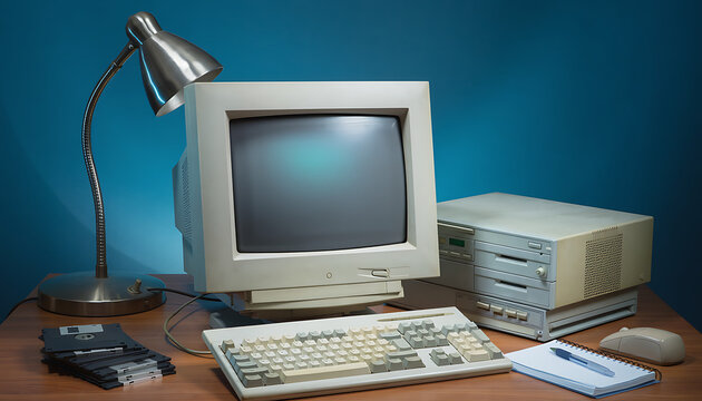 Old computer in desk workstation with vintage hardware