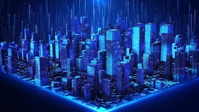 Isometric virtual metropolis glows information signals detailed building structures. digital twin systems, smart planning, simulation, urban engineering, cloud platforms infrastructure optimization.