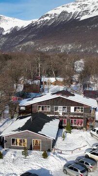 Las Cotorras Valley In Ushuaia Tierra Del Fuego Argentina. Captivating Aerial View Of Plantations Forming Geometric Patterns. Winter Tourism. Snow Covered Mountain. Ushuaia Tierra Del Fuego.