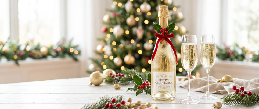 Champagne bottle with glasses on a table next to a Christmas tree  