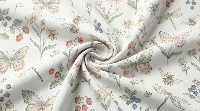 Wholesome Free Spirited Seasonal Surface Pattern Presenting Stylized Winged Insects Whimsical Blooms and Ripe Garden Berries in Soft Delicate Tones for Fabric Print cute bohemian spring seamless