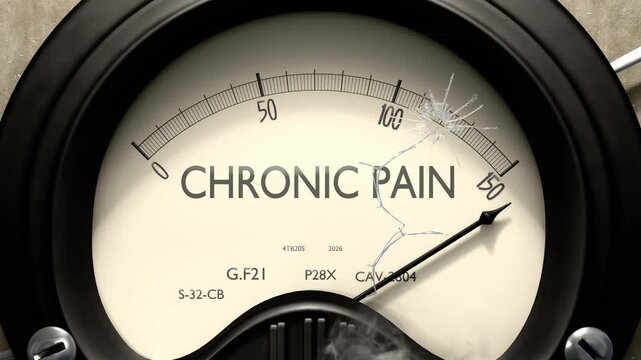 Chronic pain meter showing big levels of chronic pain. Dangerously increasing high values of chronic pain, critical overload. Too much, off the charts. Max chronic pain