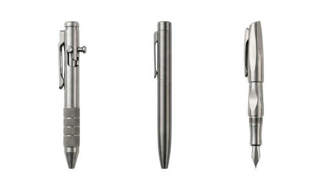 Collection of three elegant metal pens displayed on a clear background ideal for both creative and professional applications