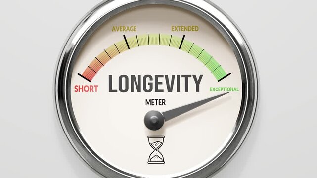 Longevity - longevity index at maximum. High and rising values of longevity. Meter needle reaching exceptional levels. Longevity values off the charts. (No AI, made by humans for humans).