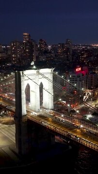 Brooklyn Bridge In Manhattan New York United States. Stunning Landscape Of Highway Road Viewed From Above. Night Illuminated Skyline. Cities Of The World Landscape. Manhattan New York.