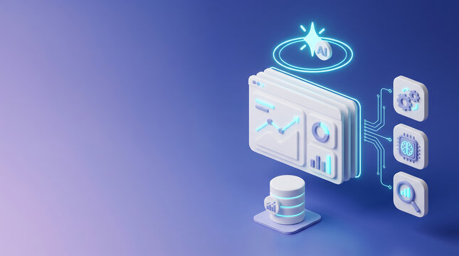 artificial intelligence analytics dashboard concept with 3d interface chart graphs database server chip node and workflow automation icon on purple background