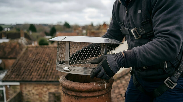 Professional Chimney Sweep Installing Stainless Steel Chimney Cap | Roof Maintenance Technician Fitting Wire Mesh Chimney Guard | Rooftop Chimney Cap Installation for Pest and Spark Protection