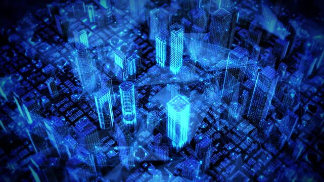 Detailed cyber city viewed luminous towers, wire structures 19 points. urban simulation, telecommunications, smart infrastructure, digital engineering, network systems future city projects.