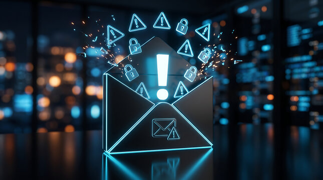 email security threat concept with open envelope releasing warning alert exclamation marks and padlock icons representing phishing cyber attack and malware risk in server room