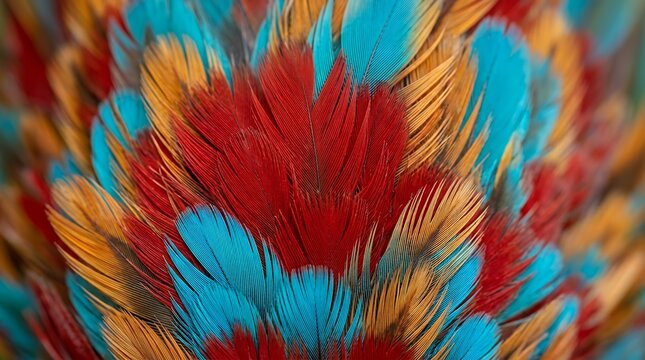 Vibrant close up texture of overlapping exotic avian plumage showcasing brilliant scarlet cyan and amber tones feathers parrot macaw bird avian tropical exotic colorful vibrant bright texture pattern
