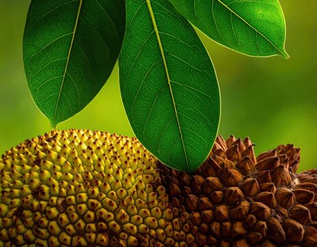 Close up of green jackfruit skin and leaves.