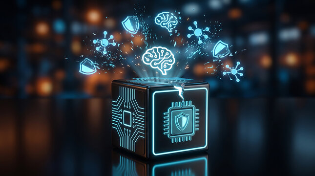 artificial intelligence system breach concept with cracked technology cube releasing glowing brain neural network node and shield protection icons on dark background