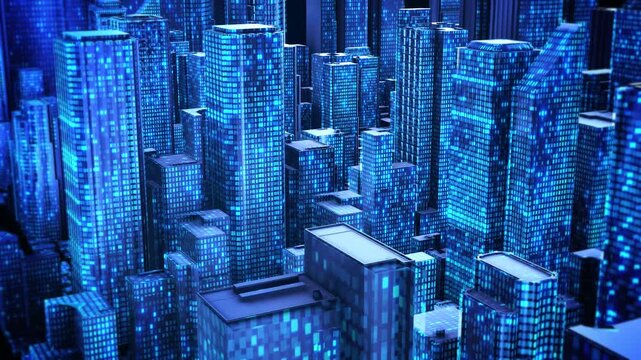 Dense futuristic business features towers high rise architecture. corporate technology, digital real estate, infrastructure investment smart development, networking, finance virtual urban environments