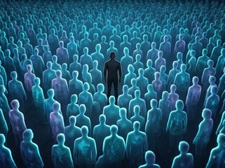 Obraz premium Dark Human Silhouette Standing Out in Crowd of Glowing Translucent Blue Figures