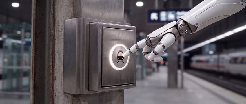 Robotic hand pressing train station button on a modern subway platform, featuring a detailed white cybernetic finger on an illuminated stainless steel switch for smart transit automation