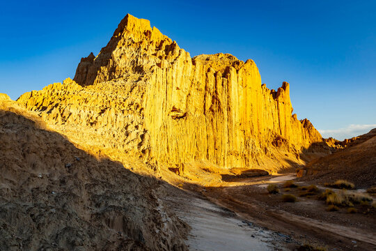 Golden sunlight on clay pinnacles at Miller Point