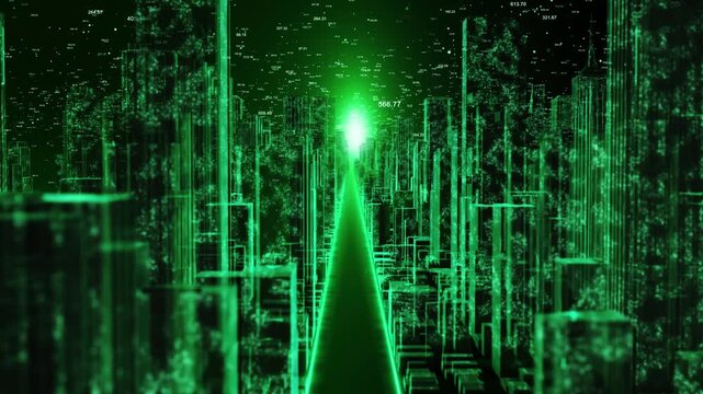 Digital metropolis glows green financial numbers analytical information urban structures. for investment, banking, economics, algorithms, machine learning, market trends predictive business technology