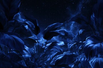 Obraz premium Cobalt foliage composition with starry night sky â€” illustration of tropical leaves