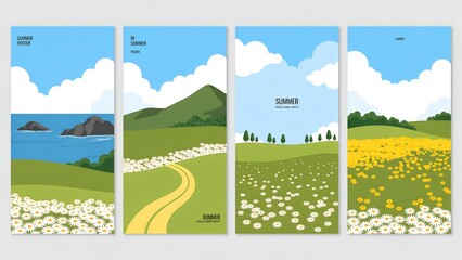 Fototapeta premium Set of Four Minimalist Summer Nature Backgrounds Featuring Coastal Views, Green Mountains, and Floral Meadows