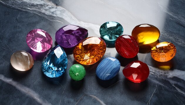 colorful gemstones on marble surface