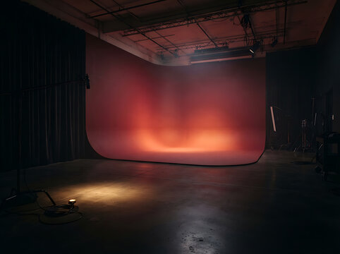 Empty professional photo studio with red cyclorama wall and dramatic stage lighting