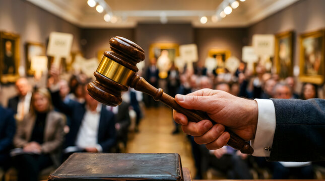 Auctioneer holding wooden gavel striking bidding block at lively auction event with bidders raising paddles in a gallery room