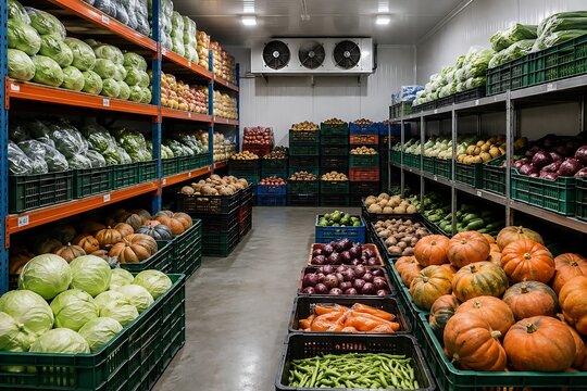 Industrial cold storage warehouse filled with fresh vegetables and fruits stored in plastic crates for wholesale distribution