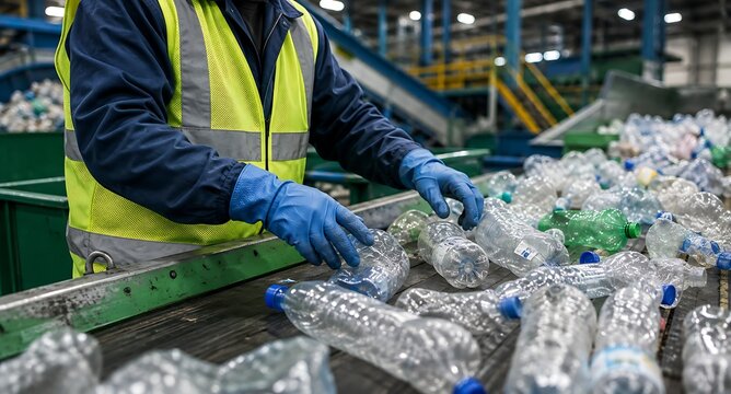 Worker in high visibility vest sorting plastic bottles on a conveyor belt at a recycling facility plant