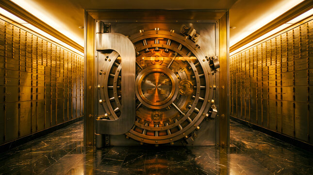 Massive bank vault door opening in a secure financial corridor lined with rows of shining golden safe deposit boxes strong security system and financial protection