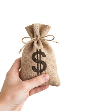 A Person Holding A Rustic Burlap Money Bag With A Dollar Sign Symbol Isolated On Transparent Background