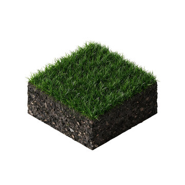 Isometric Square Section Of Green Grass Turf With Soil Layers Isolated On A Transparent Background Cutout Asset